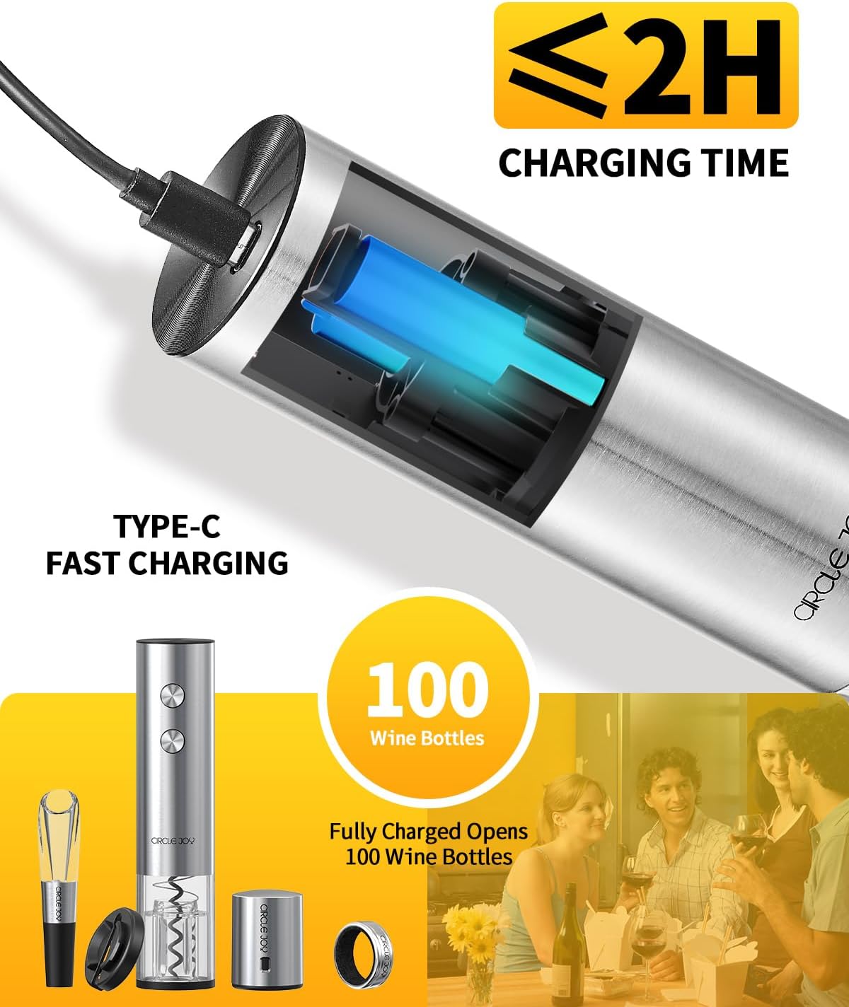 CIRCLE JOY Electric Wine Opener Stainless Steel Rechargeable Automatic Wine Bottle Opener Set 7-in-1 Wine Gifts for Wine Lovers with Charging Base, Foil Cutter, Wine Aerator Pourer & 2 Vacuum Stoppers