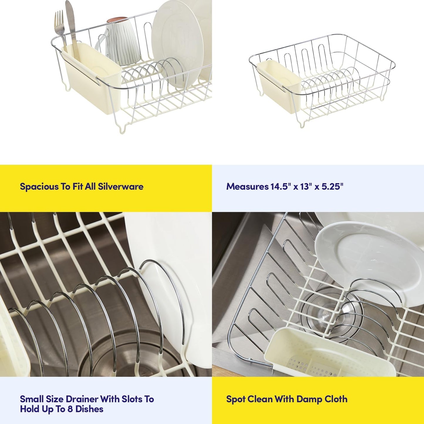 Dish Drying Rack & Cutlery Holder 2 Piece Set - Compact Sink-Fitting Dish Drainer with Rubberized Undercoating, Space-Saving Kitchen Organizer for Plates, Cups, Bowls & Utensils in Sink, Silver