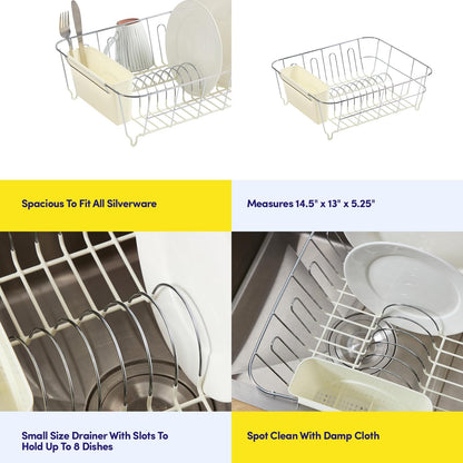 Dish Drying Rack & Cutlery Holder 2 Piece Set - Compact Sink-Fitting Dish Drainer with Rubberized Undercoating, Space-Saving Kitchen Organizer for Plates, Cups, Bowls & Utensils in Sink, Silver