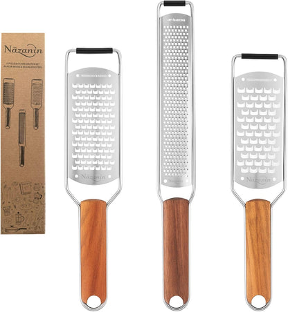 NAZANIN 3-Piece Stainless Steel Cheese Grater & Zester Set w/Acacia Wood Handles – For Parmesan, Lemon Zest, Ginger, and Spices