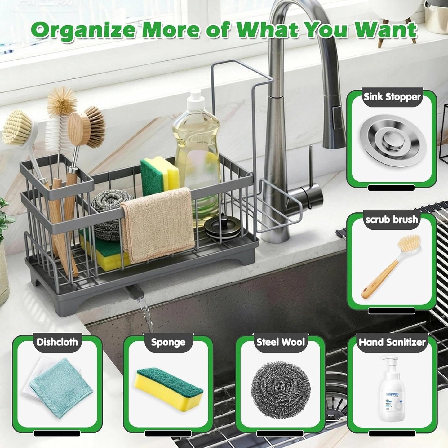 Sponge Holder for Kitchen Sink, Sink Caddy Organizer with Detachable Cloth & Brush Holder, Self-Draining Sponge Caddy Organizer with 360° Rotatable Spout, Kitchen Countertop Storage Accessories(White)