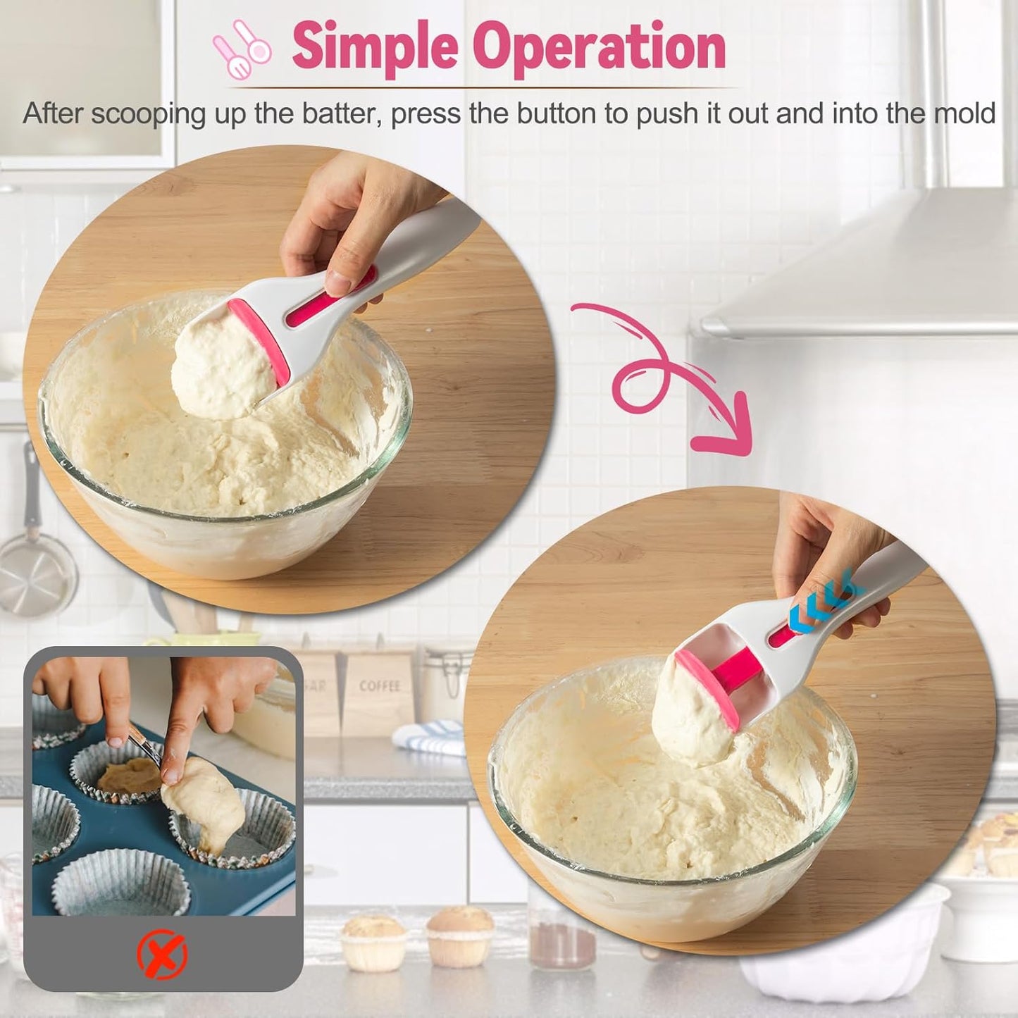 2PCS Cupcake Batter Scoop, One Click Sliding Button Cake Cream Spatulas for Elegant Baking, Pastry & Cake Decorating, ABS and TPE Material