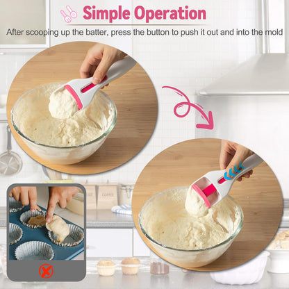 2PCS Cupcake Batter Scoop, One Click Sliding Button Cake Cream Spatulas for Elegant Baking, Pastry & Cake Decorating, ABS and TPE Material
