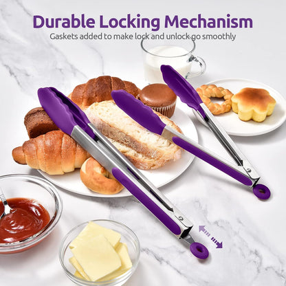 600ºF Heat Resistant Kitchen Tongs: U-Taste 9 inch Silicone Cooking Tong with Firm Sealed Non Stick Rubber Tips & Silicon Coated 18/8 Stainless Steel Handle & Smooth Locking for Serving Salad (Black)