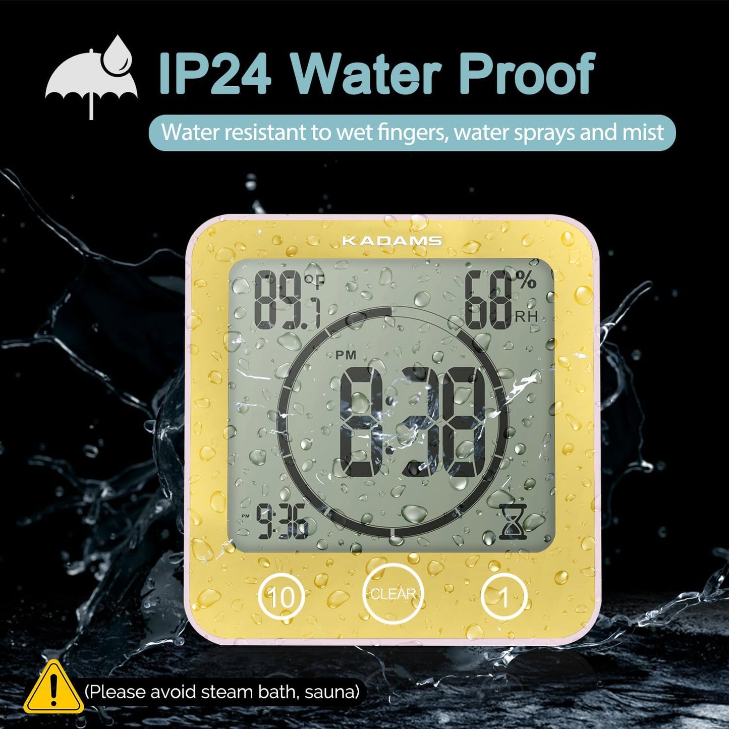 KADAMS Shower Clock Waterproof Bathroom Timer – Digital Wall Clock with Countdown, Magnetic Kitchen Clock with Temperature & Humidity, Suction Cup for Kids Shower Spa Cook Bath (Black)