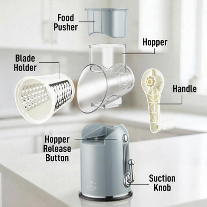 Zulay Kitchen Rotary Cheese Grater 5 Blade Cheese Shredder - Manual Hand Crank Cheese Grater With Reinforced Suction & 5 Interchangeable Drums - Easy to Use, Vegetable Chopper Round Mandoline Slicer - Colors A