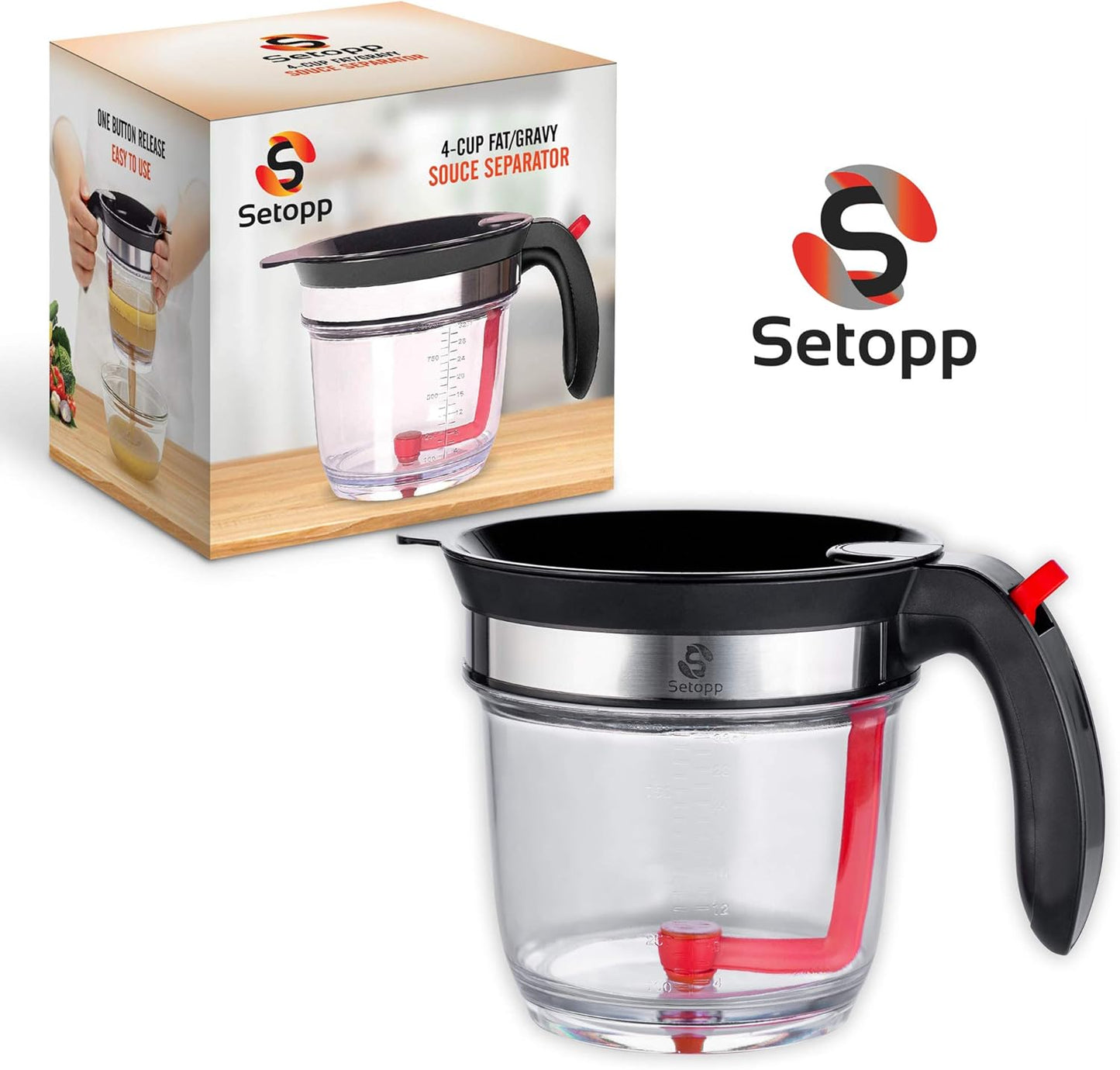Oil Separator | 4-Cup Oil Fat Separator | Fat Separator with Strainer | Gravy Separator, Measuring Cup with Bottom Drain, Degreasing Cup