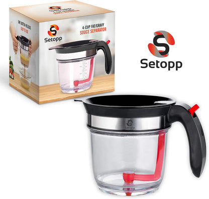 Oil Separator | 4-Cup Oil Fat Separator | Fat Separator with Strainer | Gravy Separator, Measuring Cup with Bottom Drain, Degreasing Cup