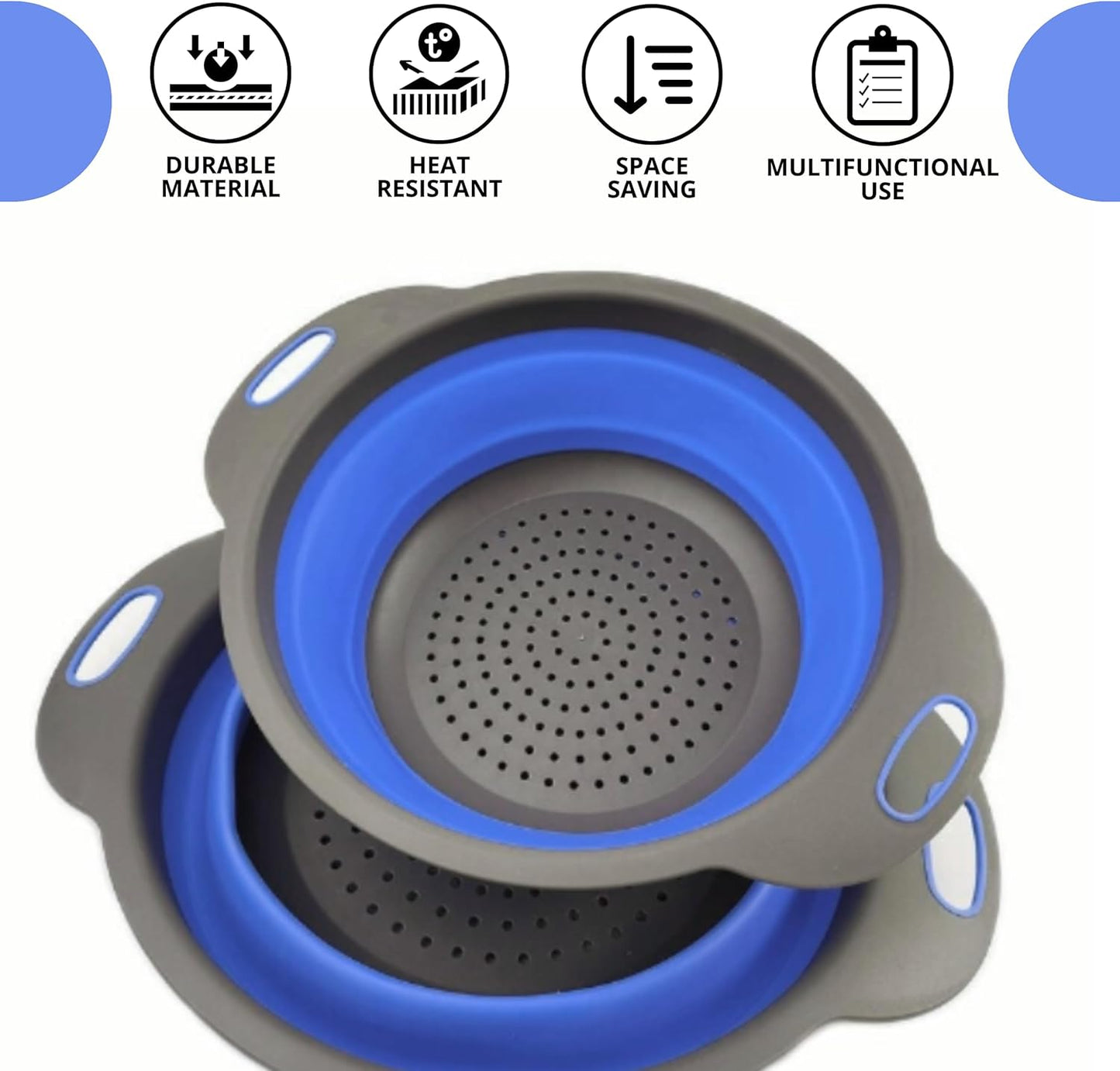 Green Kitchen Strainer Colander Set - 2 PCS Multifunctional Colander Silicone Food Strainers for Kitchen for Pasta and Spaghetti Collapsible with Plastic Handles
