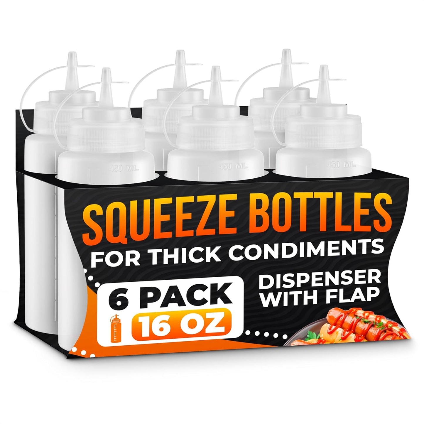 Set of 6 Inverted Condiment Squeeze Bottles 16 oz – Upgraded Design with Added Sealing Gaskets, Self-Closing Valve, Easy-to-Fill Clear Bottles for Sauces, Dressings, Ketchup, Mustard for Everyday Use