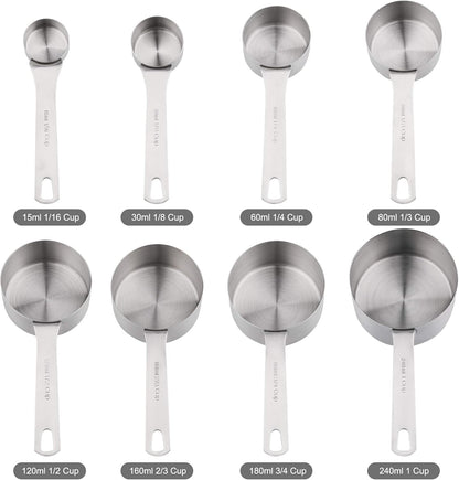 Measuring Cups Set, 18/8 Stainless Steel Measuring Cups and Spoons Set, 8 Kitchen Measuring cups & 9 Baking Measuring Spoons & Magnetic Conversion Chart&Leveler&Rings-Metal Measure Cups&Spoons