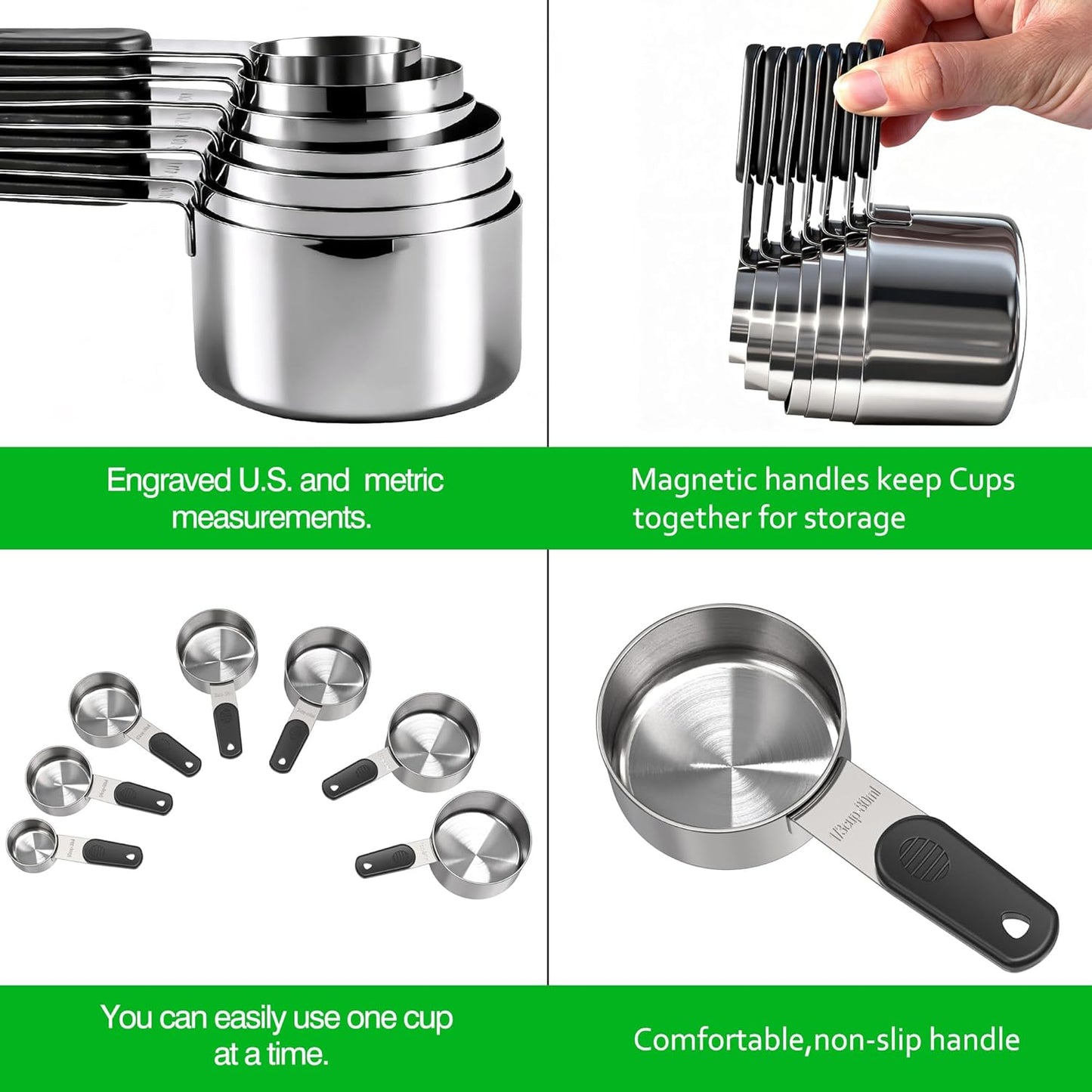 Magnetic Handles 5 Piece Stainless Steel Measuring Cups, Black, Kitchen Gadgets for Measure Liquid and Dry Ingredients, Cooking & Baking