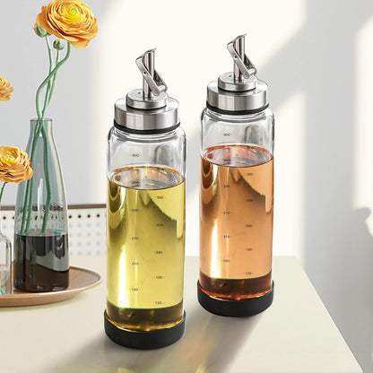 Suli Glass Olive Oil Dispenser Bottle -2 Pack17oz Oil and Vinegar Cruet Set with Steel Spouts and Labels for Kitchen Cooking, Salad Dressing, and BBQ (Silver)