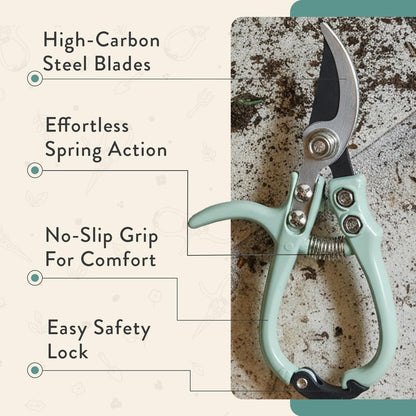 Modern Sprout Hand Pruners - Lightweight Pruning Shears W/Easy Lock- Gardening Scissors - Bypass Sharp Carbon Steel Blade - Rust Resistant - Garden Tools - Reusable Holster - Sage