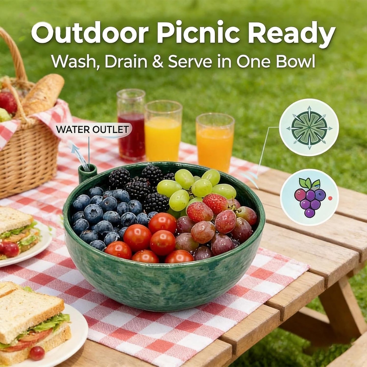 Self Spinning Berry Washing Bowl, Berry Rinse Bowls with Holes Ceramic, Fruit Washer Spinner with Strainer and Colander, Handmade Berry Colander Vegetables for Kitchen (1pc)
