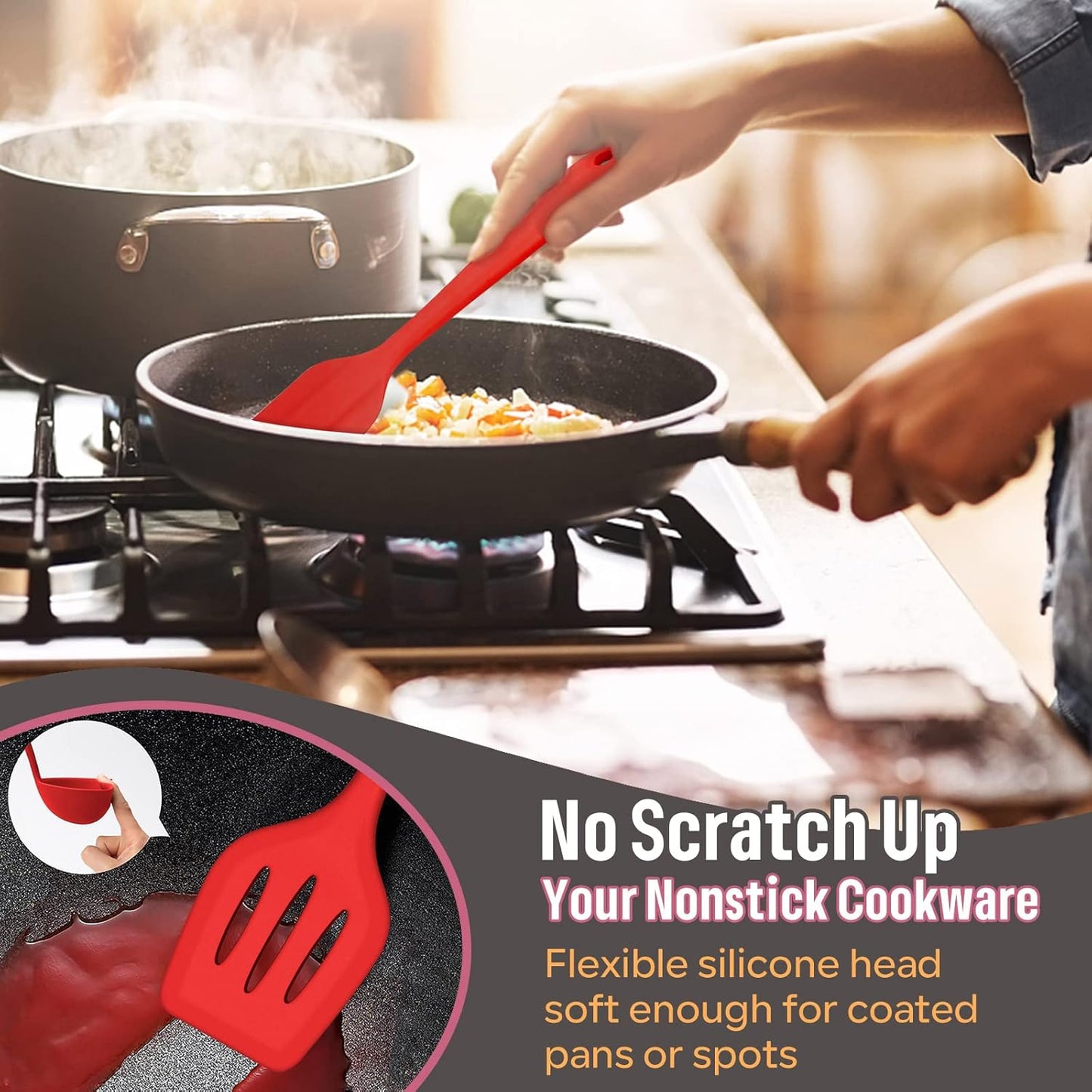 E-far Silicone Cooking Utensils Set, 7-Piece Black Heat Resistant Kitchen Utensils Set, Kitchen Nonstick Tools Spatula Ladle Spoon Pasta Server for Non-stick Cookware, Non-Toxic & Dishwasher safe