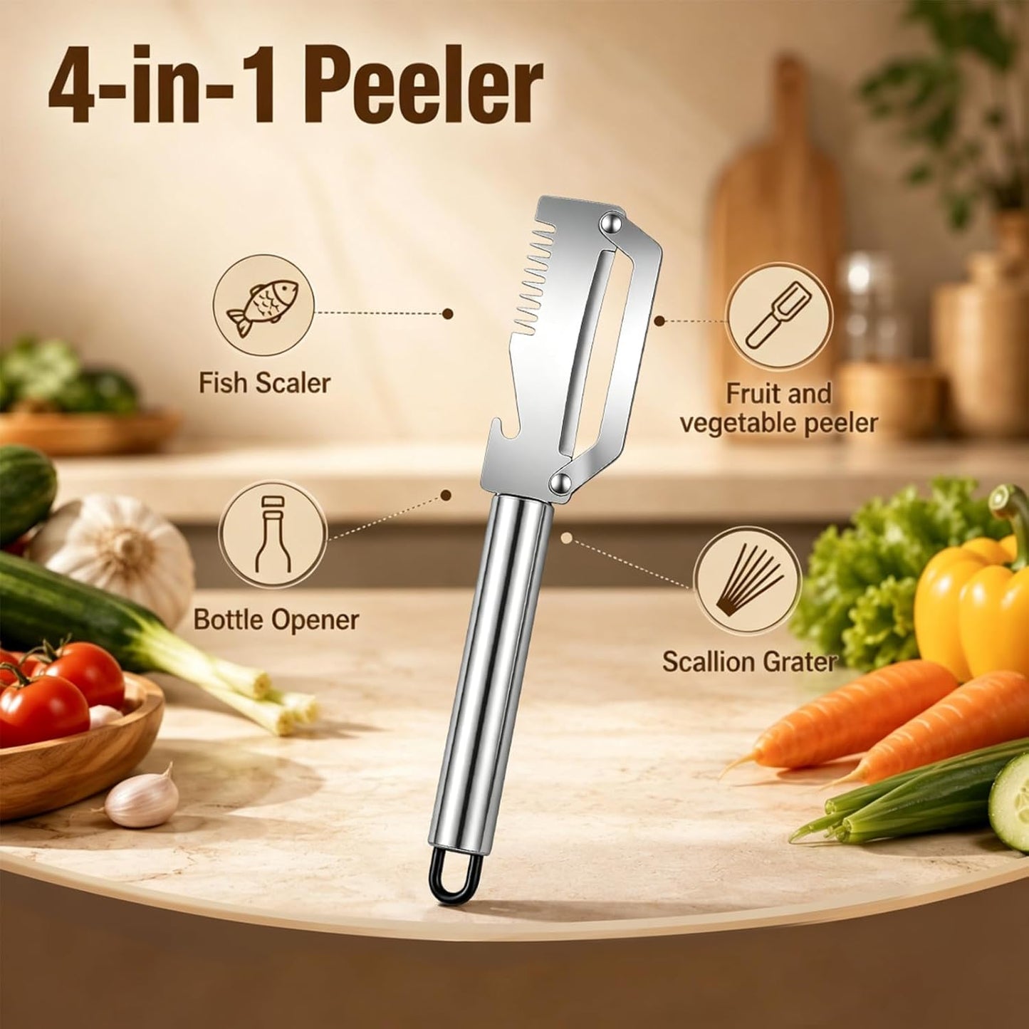 Multifunctional Vegetable Peeler 2-Pack, 3-in-1 Kitchen Peeler with Julienne Grater & Bottle Opener, Durable Stainless Steel Handle for Potato, Carrot, Apple (B)