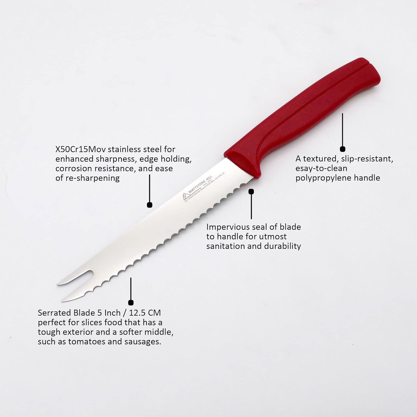 Tomato Knife - MATTSTONE HILL 5 Inch Serrated Kitchen Utility Knife, Serrated Cheese Tools, German X50CrMoV Steel, Red Handle