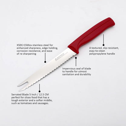 Tomato Knife - MATTSTONE HILL 5 Inch Serrated Kitchen Utility Knife, Serrated Cheese Tools, German X50CrMoV Steel, Red Handle