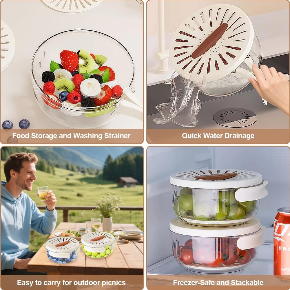 Multifunctional Fruit Washing Bowl,2 in 1 Drainer and Strainer,Foldable Handle Drain Basket with Lid,Kitchen Colanders & Food Strainers, Suitable for Washing Fruits and Vegetables