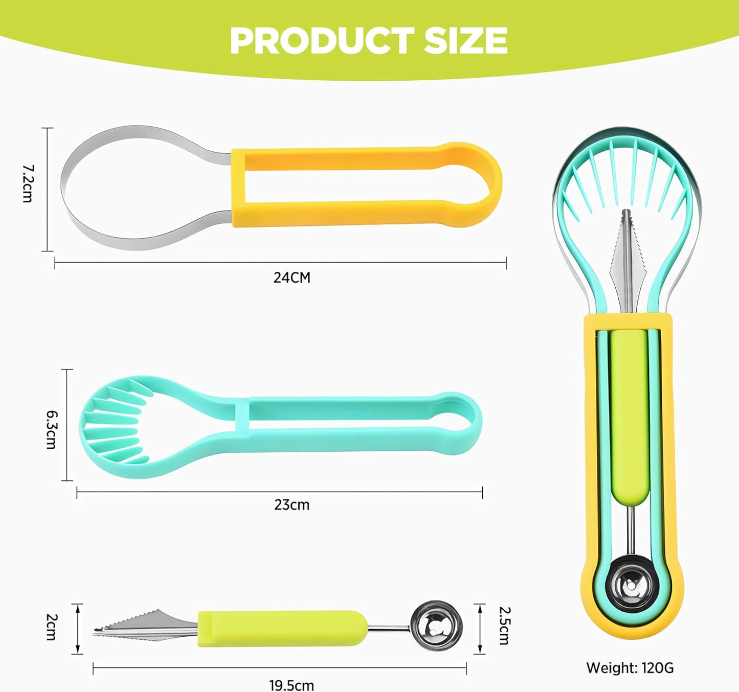 2 PCS Melon Baller Scoop Set, 4 in 1 Stainless Steel Stainless Steel Fruit Tool Set, Fruit Carving Tools for Dig Pulp Separator, Watermelon Cutter Slicer Fruit Scooper (Green + Purple)