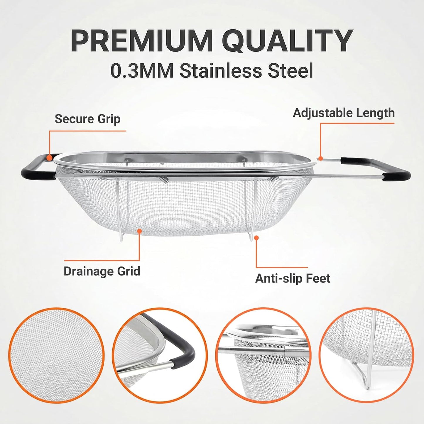 Over The Sink Colander, Fine Mesh Stainless Steel Strainers and Colanders, 6 Quarts Stainless Steel Oval Colander with Expandable Rubber Grip Handle, Steel Colander for Strain, Drain, Rinse