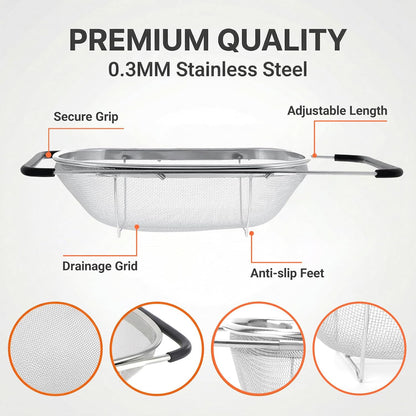 Over The Sink Colander, Fine Mesh Stainless Steel Strainers and Colanders, 6 Quarts Stainless Steel Oval Colander with Expandable Rubber Grip Handle, Steel Colander for Strain, Drain, Rinse