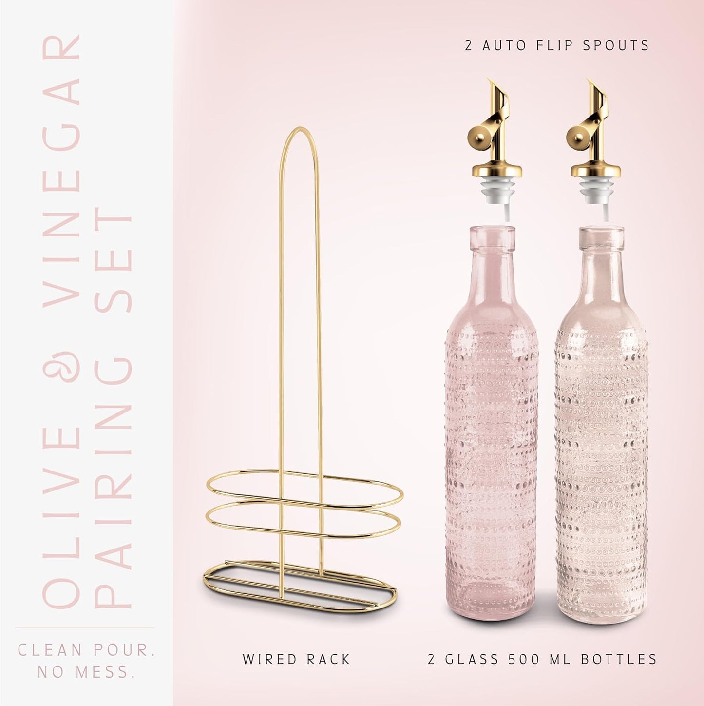 COOK WITH COLOR Glass Olive Oil Bottle Dispenser - 2 Pack- 17oz Oil and Vinegar Cruet - Olive Oil Carafe Decanter for Kitchen, Elegant Waves, Clear