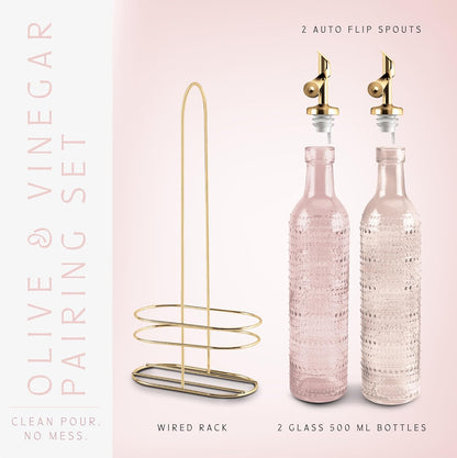COOK WITH COLOR Glass Olive Oil Bottle Dispenser - 2 Pack- 17oz Oil and Vinegar Cruet - Olive Oil Carafe Decanter for Kitchen, Elegant Waves, Clear