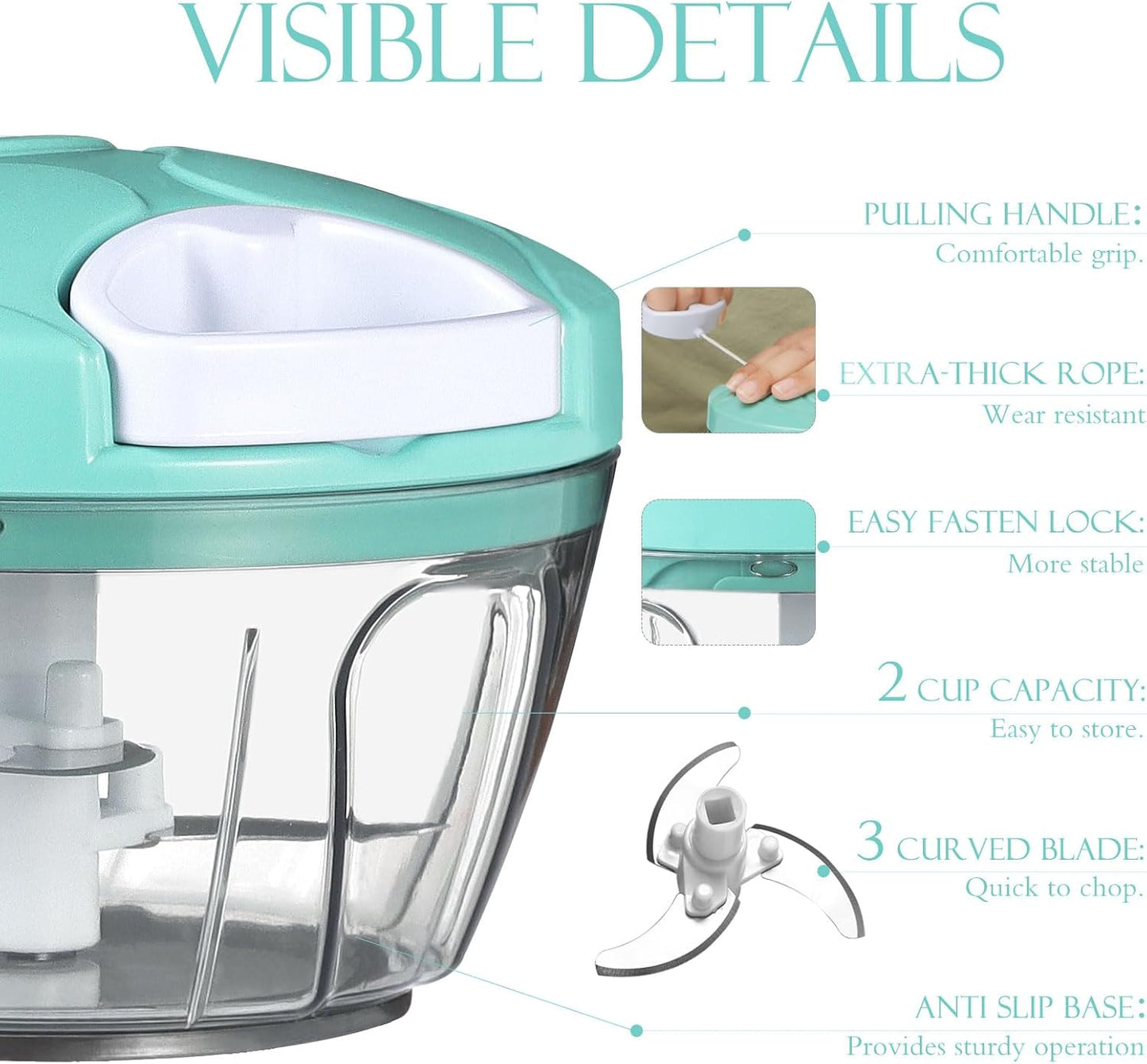 Ourokhome Manual Food Processor Vegetable Chopper, Portable Hand Pull String Garlic Mincer Onion Cutter for Veggies, Ginger, Fruits, Nuts, Herbs, etc., 500ml, Deep Blue