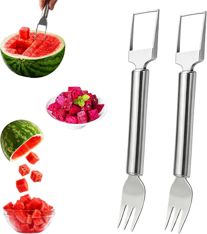 Watermelon Cutter, 2-in-1 Stainless Steel Fruit Cutter, Dual Head Watermelon Fork Slicer Tool, Summer Fruit Cutting Kitchen Gadget for Home (Round-2PCS)