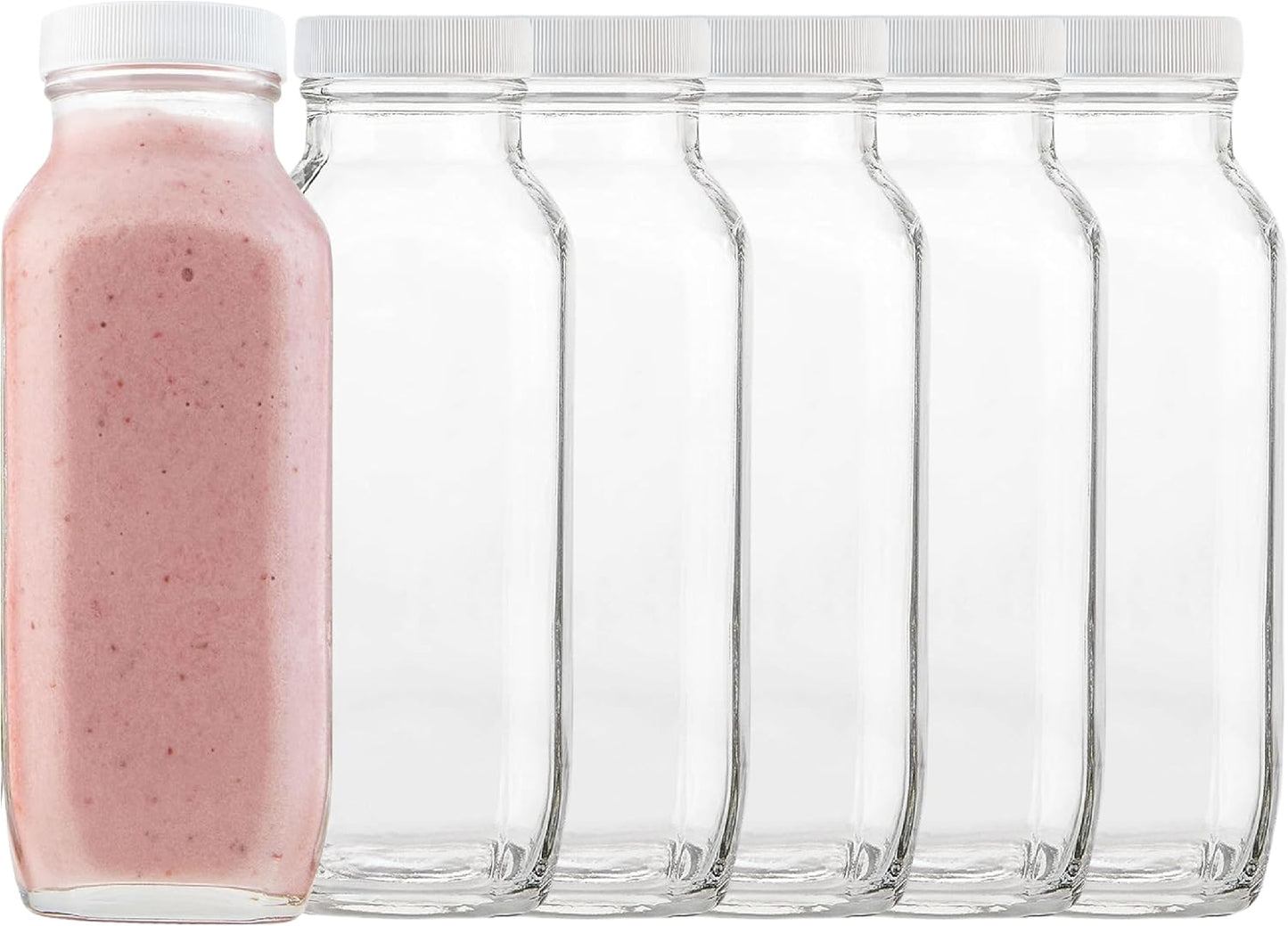 kitchentoolz 16oz Square Glass Milk Bottle with Lid - Glass Jars with Airtight Lid used for Milk Container, Yogurt, Smoothies, Juice, Kefir, & Water -2 Pack 16 oz Glass Bottles with Lids