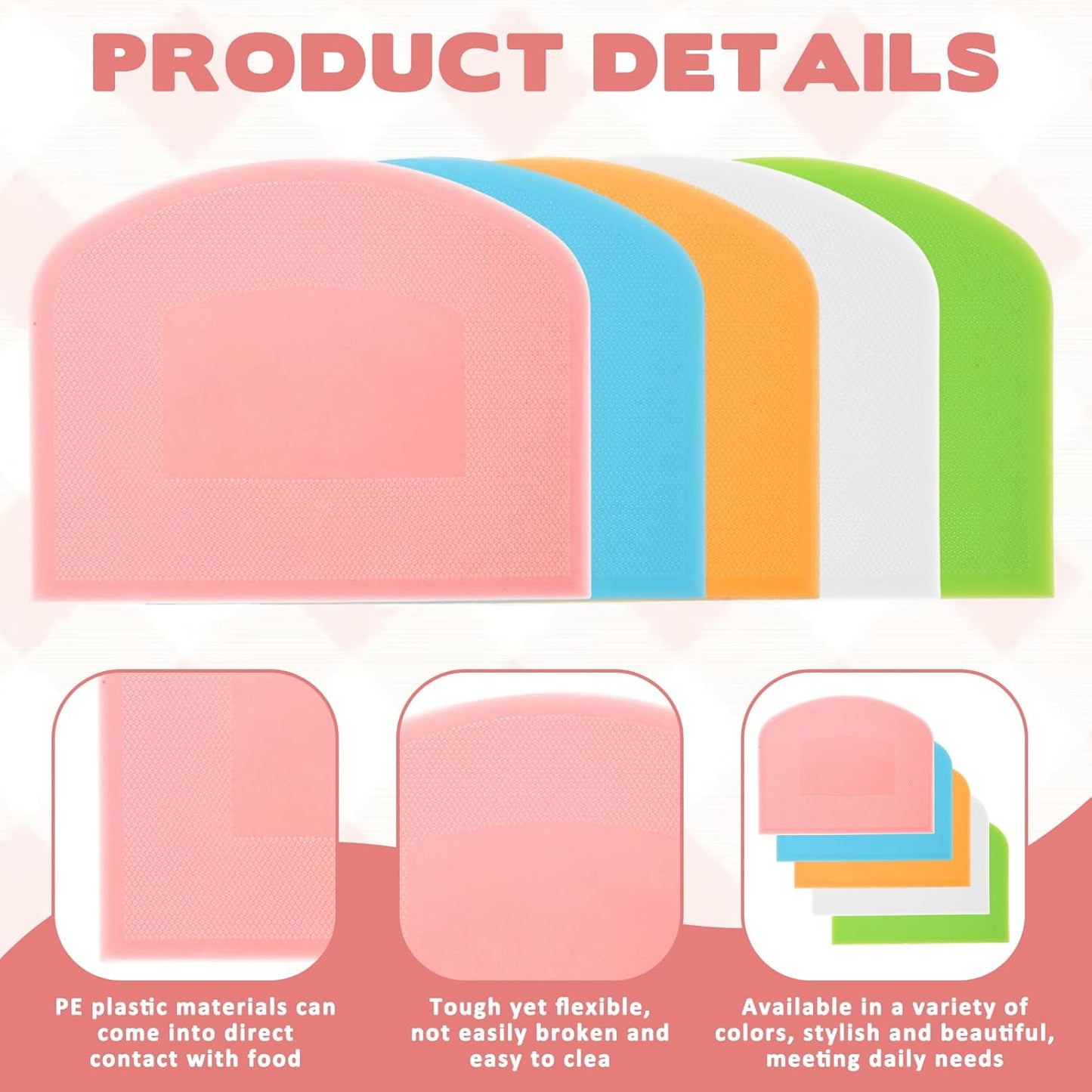 5 Pcs Plastic Bench Scraper, Flexible Dough Cutter Bench Scraper for Sourdough, Food-safe Plastic Bowl Scrapers Kitchen Tool for Baking Cake Bread Fondant Icing (White, Green, Orange, Blue, Pink)