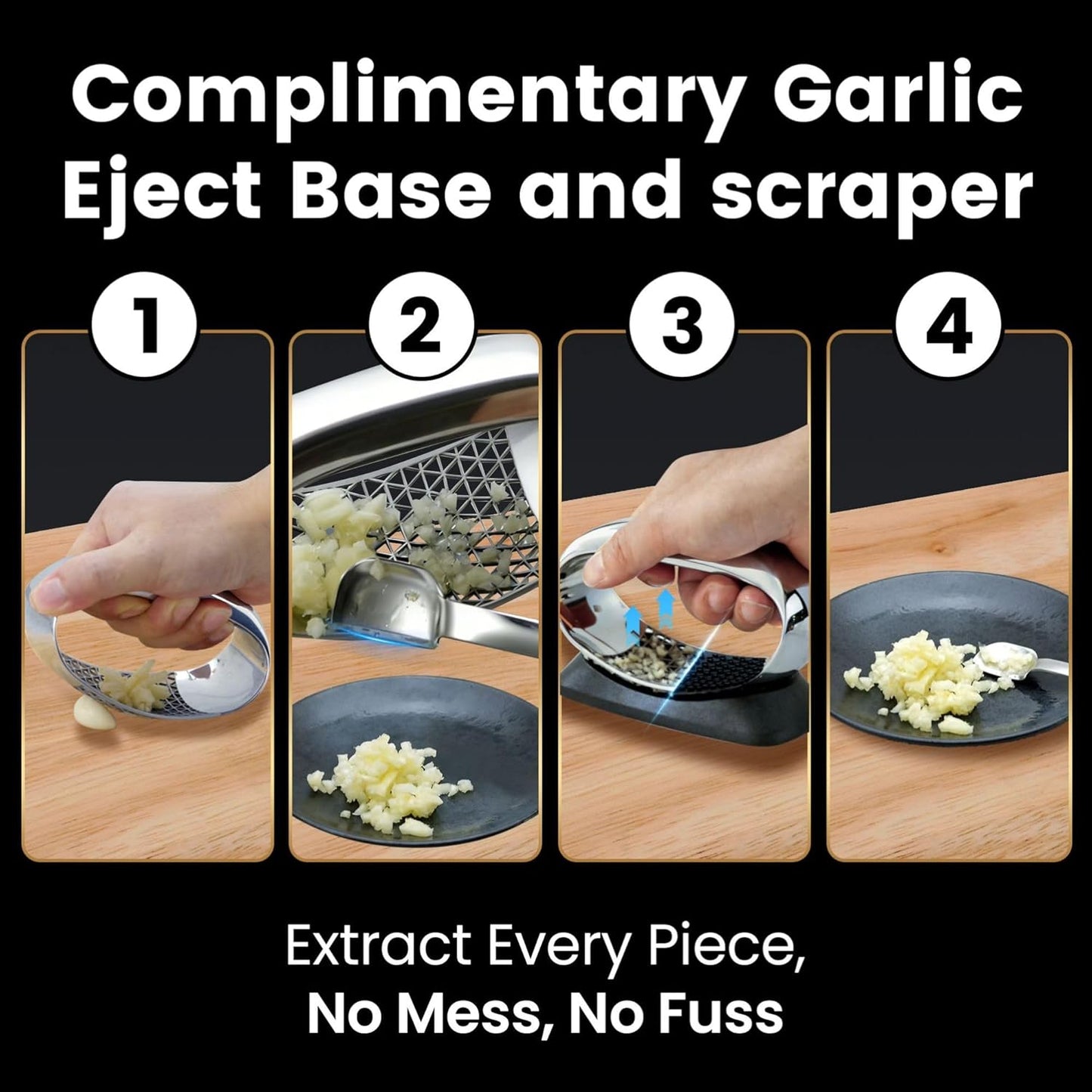 Full Stainless Steel Garlic Press Rocker with Eject Base + Scraper Spoon, Innovative 3D Cutting, Easy Crush & Clean Garlic Mincer, Premium Garlic Peeler Tool with Ergonomic Grip, 5-Year Warranty