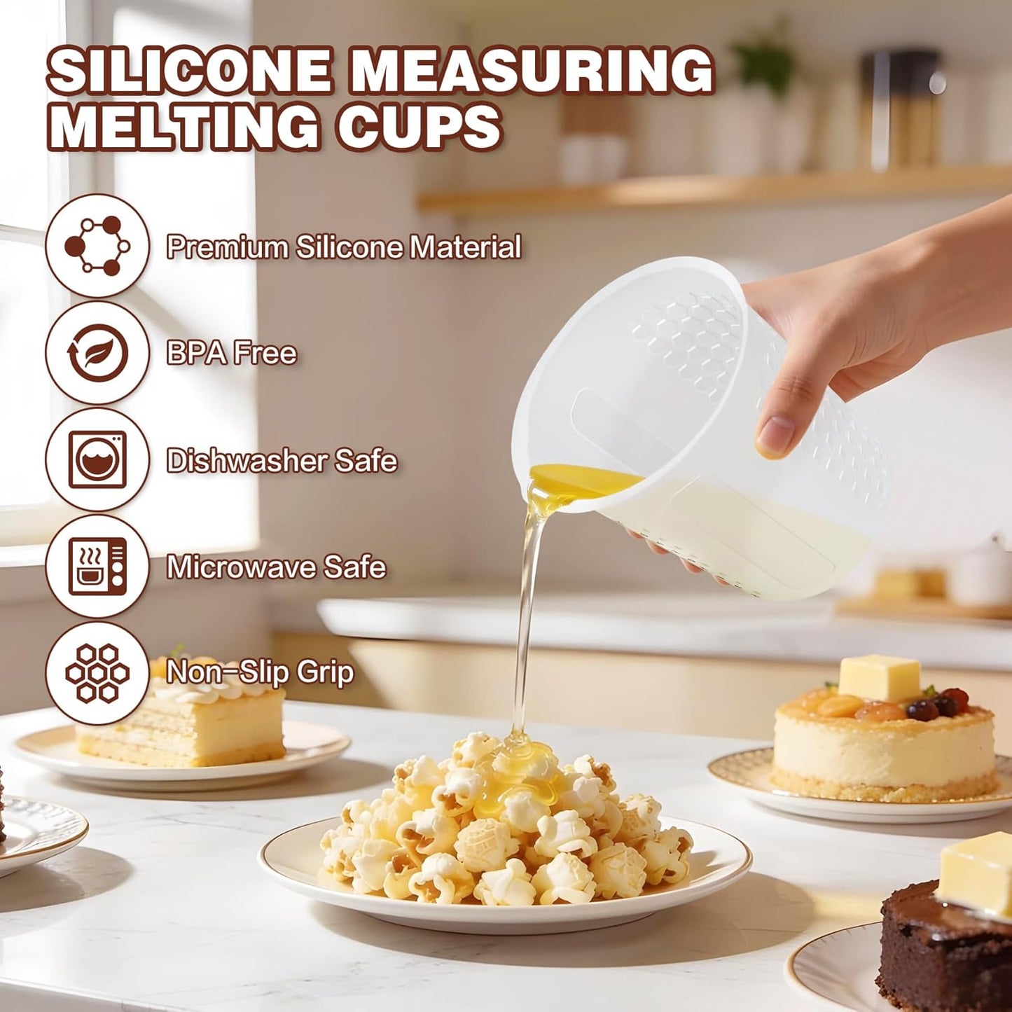 Silicone Measuring Cups Set 125ml + 250ml + 500ml for Cooking Reusable Baking Supplies Silicone Flexible Melting Measure Cup for Butter, Chocolate
