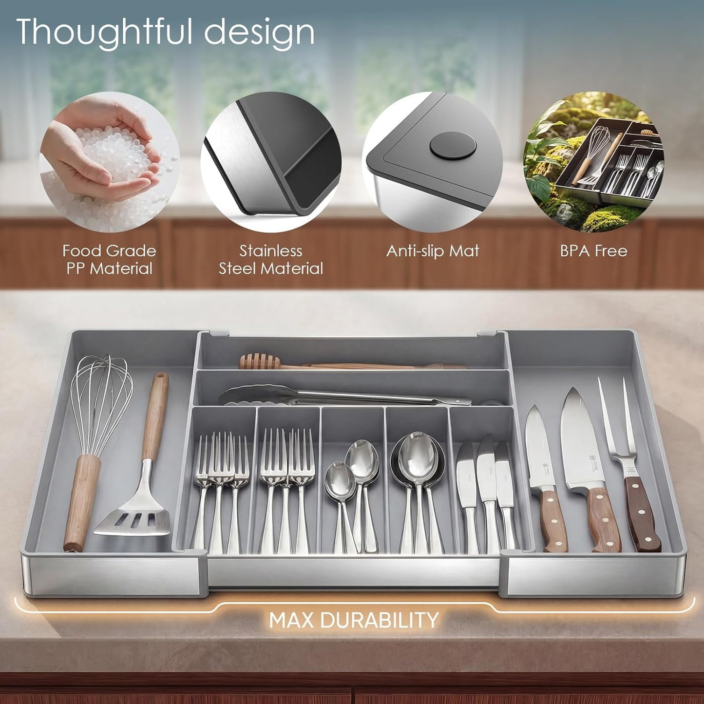 Extra Large Silverware Organizer, 9 Slot Expandable Kitchen Drawer Organizer, Utensil Holder, Heavy Duty Stainless Steel Frame Silverware Drawer Organizer, 8 Non-Slip Feet Included, BPA Free, Black