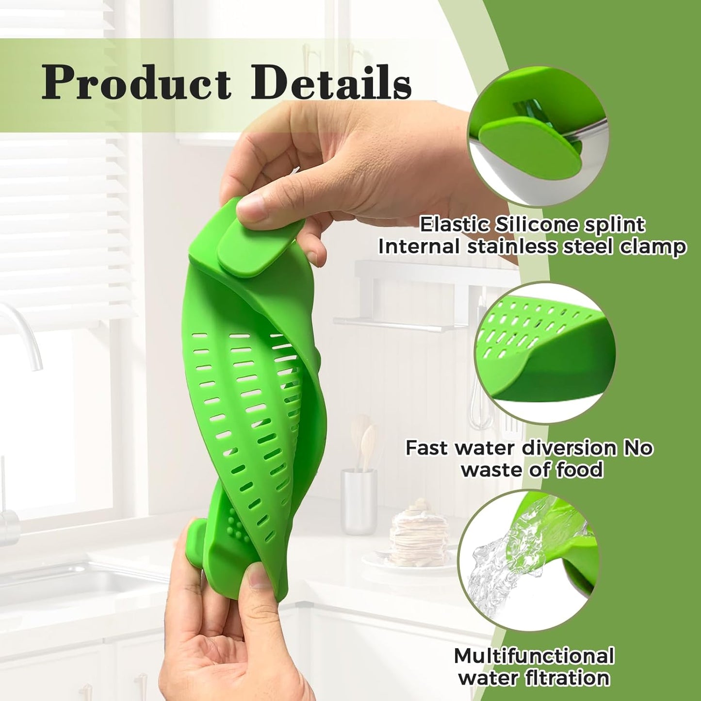 Clip-On Silicone Strainer for Pots, Heat-Resistant Handsfree Pasta & Vegetable Colander, Space-Saving Kitchen Gadget for Noodles, Veggies & Berries (Grey)