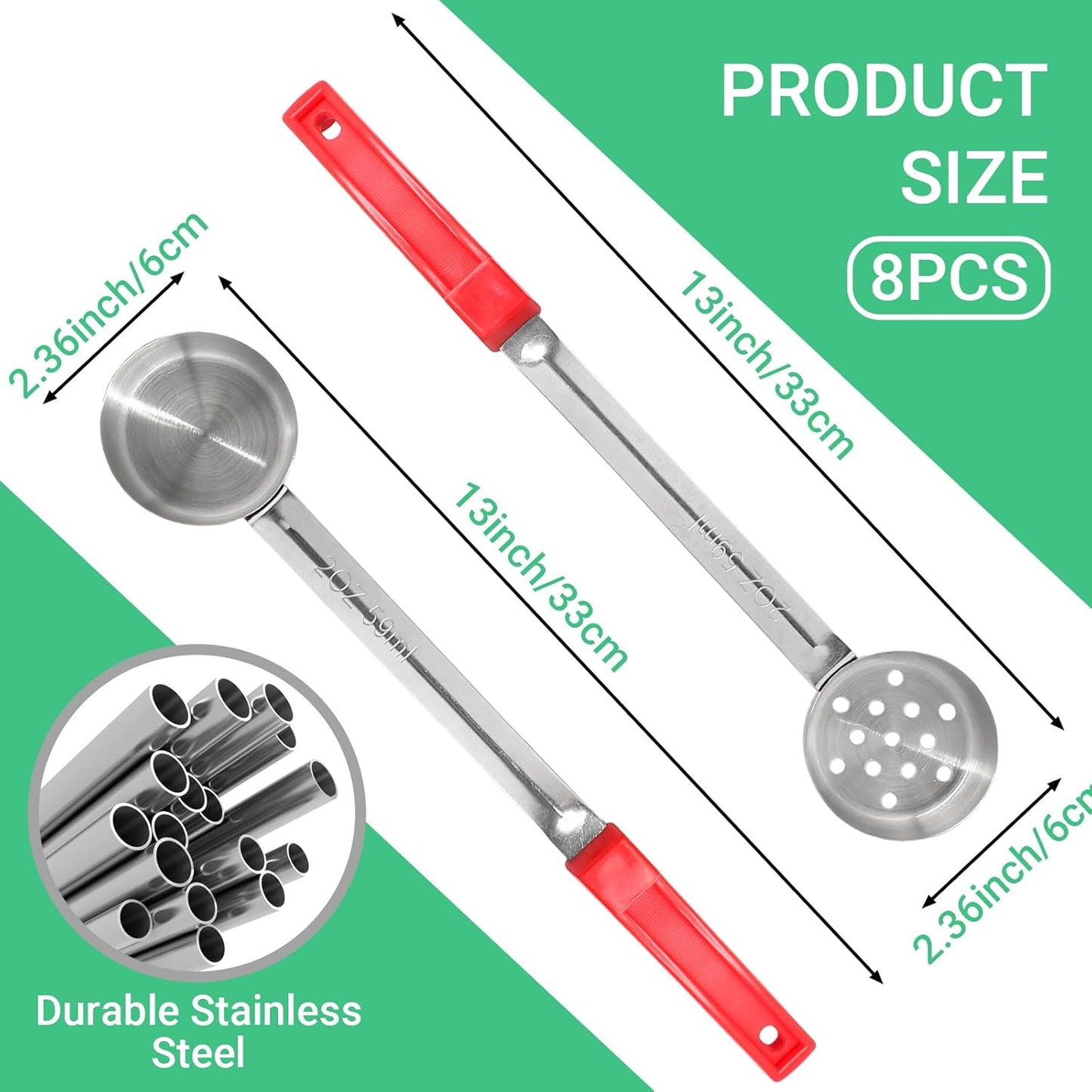 8PCS 2oz Portion Control Serving Spoons,Bariatric Serving Utensils Ideal Weight Watchers,Slotted and Unslotted Scoops,Heavy Duty Stainless Steel Utensils for Restaurants/Weight Loss(Red)