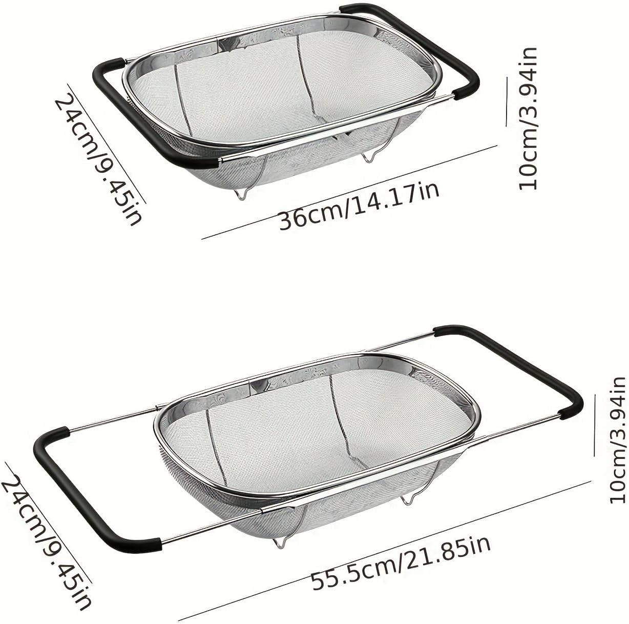 NikLye Stainless Steel Over the Sink Colander Basket with Expandable Handles, 6 Quart Fine Mesh Strainer for Pasta, Vegetables and Rice