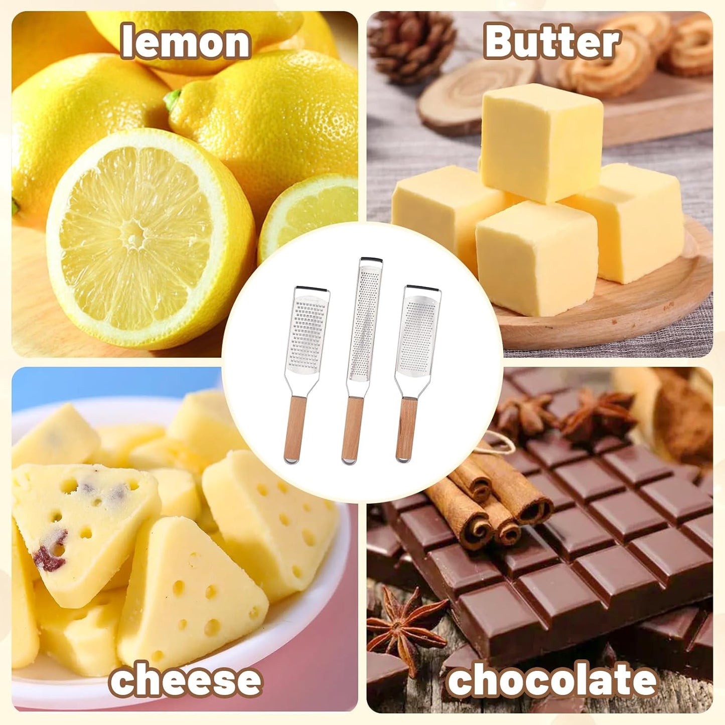 SHIKORI Professional Cheese Graters for Kitchen Stainless Steel Handheld, Metal Lemon Zester Grater With Wood Handle For Cheese, Chocolate, Spices, Kitchen Gadgets And Tools-3 Pcs