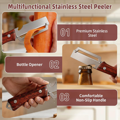 Multifunctional Vegetable Peeler, 3 in 1 Julienne Peeler with Wooden Handle, Vegetable Shredder with Bottle Opener Kitchen Tool for Peeling Veggie Fruit Pineapple Pumpkin Papaya Carrrot(2 Pack)
