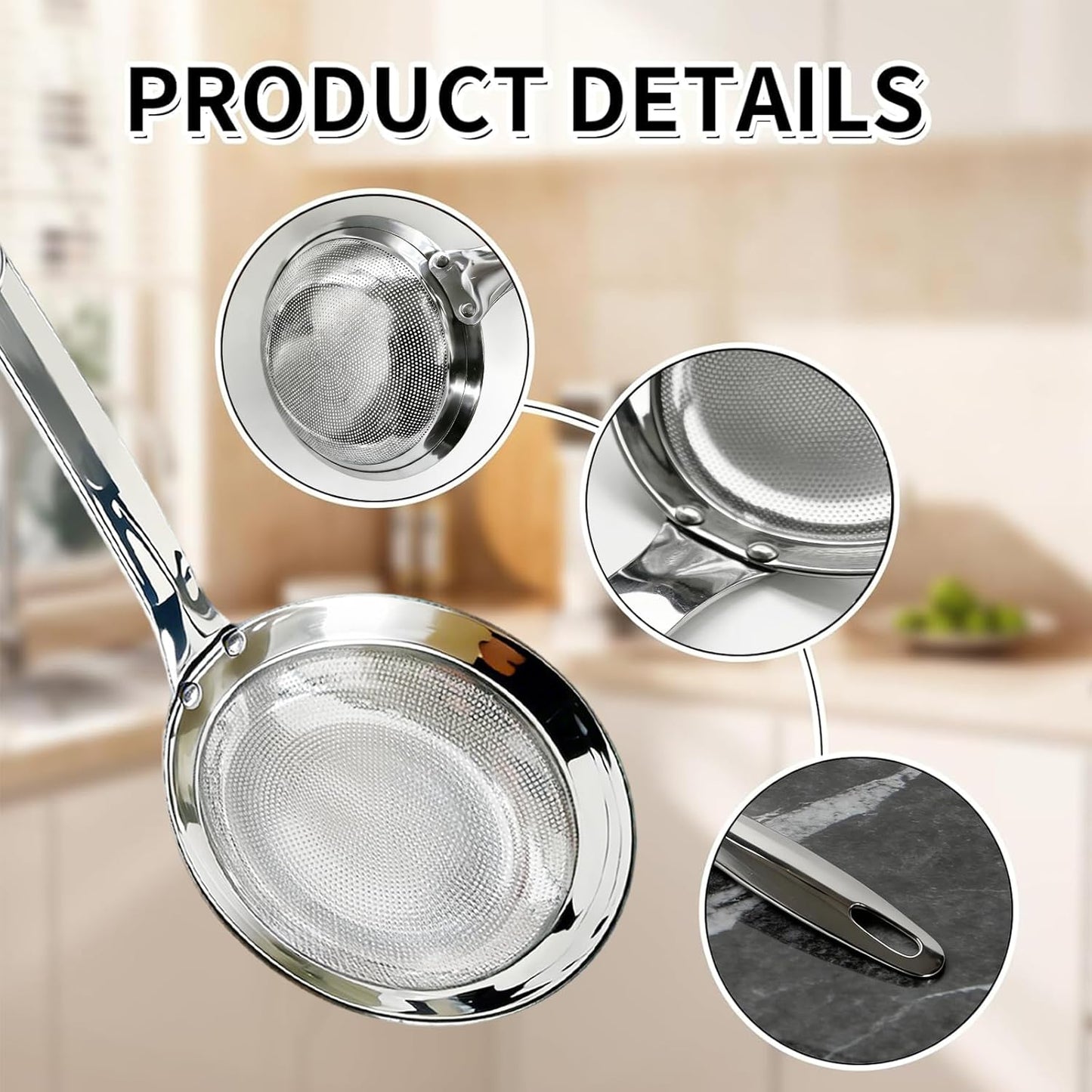 Fine Mesh Stainless Steel Colander - 2024 Upgrade Extra Fine Strainer With Handle, Sieve Spoon for Oil Filter, Food Strainer Kitchen Gadget (Large)