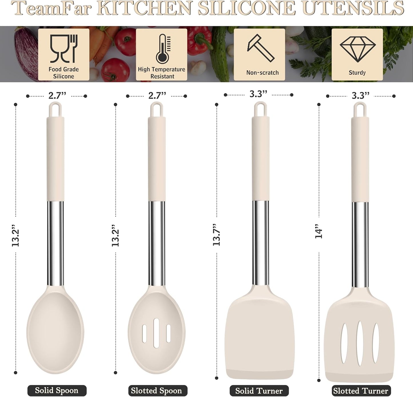 TeamFar Kitchen Utensils, 4 PCS Silicone Cooking Utensils Spatula Spoon Set with Stainless Steel Handle, for Frying Mixing Draining Turning, Healthy & Heat-proof, Non-stick & Dishwasher Safe - Black