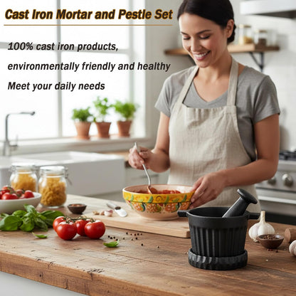UKEMEN Cast Iron Mortar and Pestle Set, 3-Piece Small Garlic Grater Plate with Brush and Scoop, Heavy Duty Muddler and Bowl Grinder Set Perfect for Guacamole/Spices/Herbs/Solid/Metal/Glass/Rock
