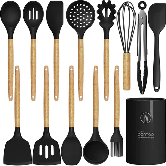 oannao Silicone Cooking Utensils Kitchen Utensil Set - 446°F Heat Resistant Silicone Kitchen Utensils Set, Spatula,Turner Tongs, Spoon, Whisk,Kitchen Gadgets for Nonstick Cookware, BPA Free (Gray)