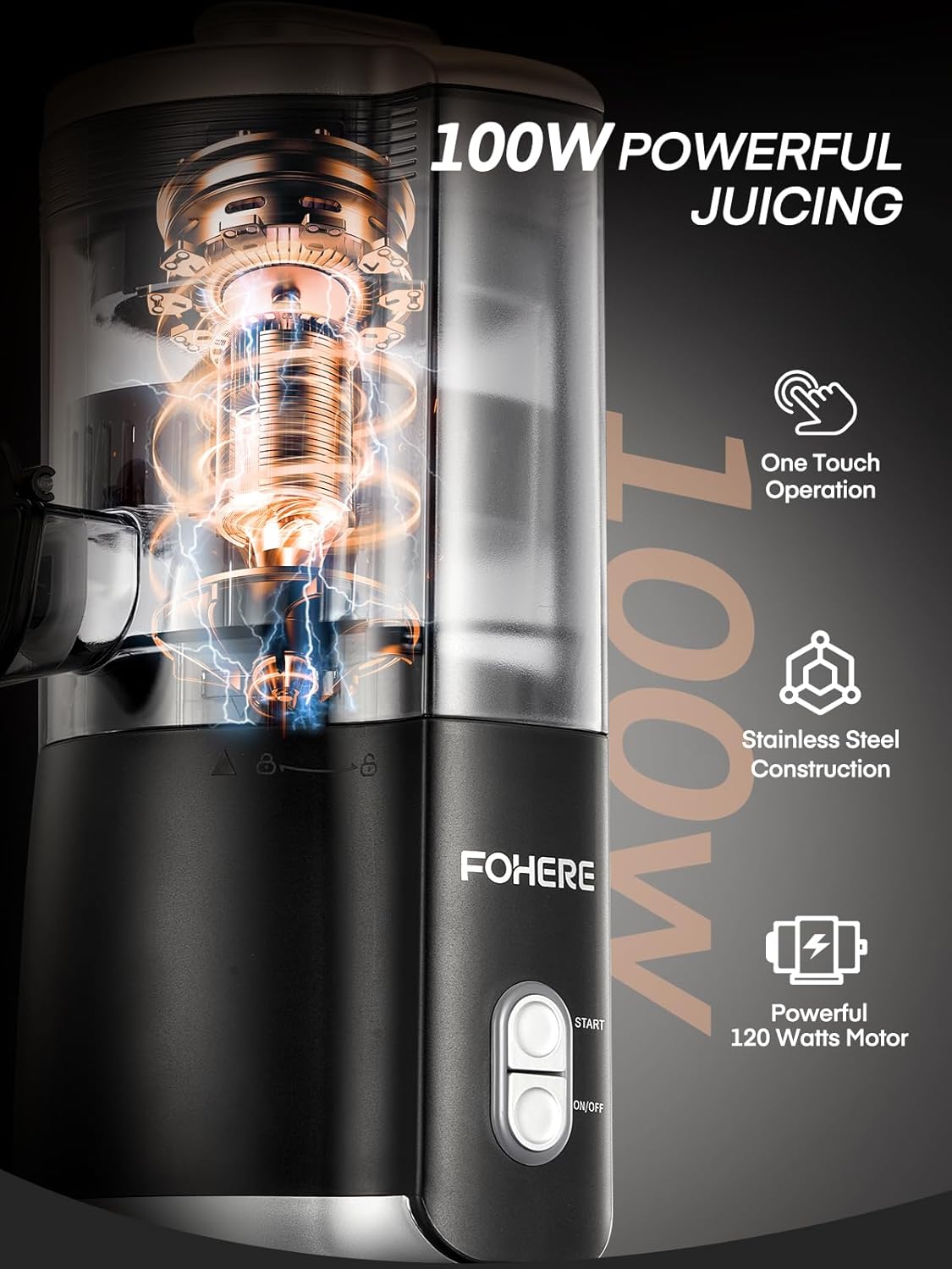 FOHERE Citrus Juicer Electric, Hand-Free Orange Juicer Machine with 2 Interchangeable Cones, Automatic Juice Squeezer for Orange, Lemon, Grape, Pomegranate, Cleaning Brush Included