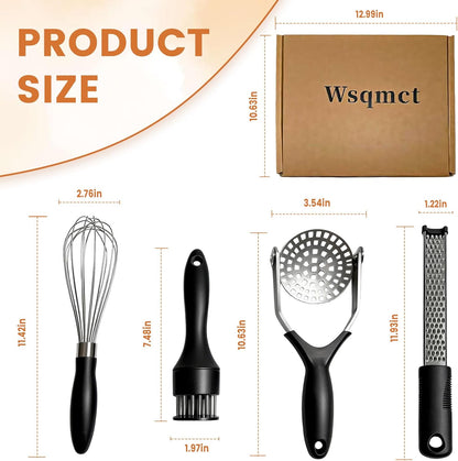 4-Piece Kitchen Gadget Set with Potato Masher, Balloon Whisk, Meat Tenderizer & Cheese Grater - Essential Prep Tools for Baking, Cooking & Meal Prep, Dishwasher Safe