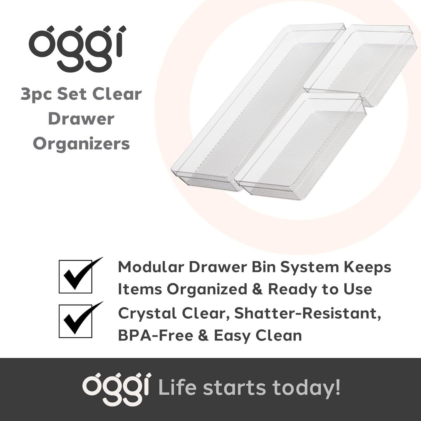Oggi Clear Drawer Organizer - 3" X 12.5" - Ideal for Organizing Kitchen Drawers, Office, Desk, Silverware, Kitchen Utensils, Cosmetics and Bathrooms