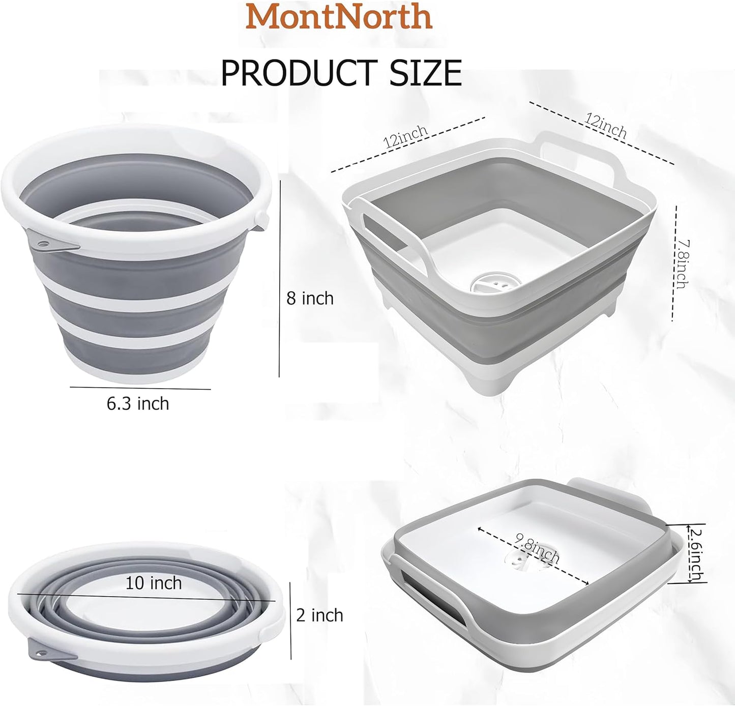 MontNorth Collapsible Wash Basin 9L, Foldable Dish Tub with Drain Plug, Portable Collapsible Dish Basin, Camping Sink for Washing Dishes, Laundry & Kitchen Use,Gray