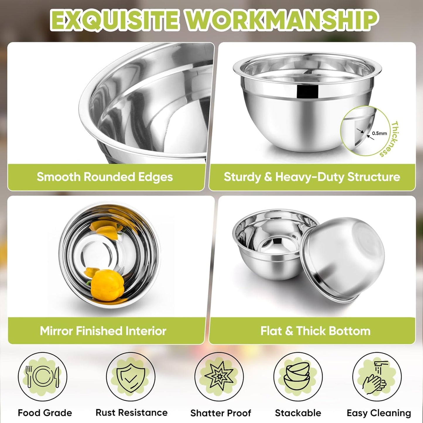 TeamFar Mixing Bowls with Lids, 5-Piece Stainless Steel Metal Nesting Salad Bowl for Mixing Prepping, Healthy & Heavy Duty, Airtight Lids & Dishwasher Safe, 4.5/3/1.5/1/0.7 QT-Khaki